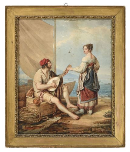 Henri L'EVEQUE (Genebra, 1769-1832) "Cena portuária com figuras"
    